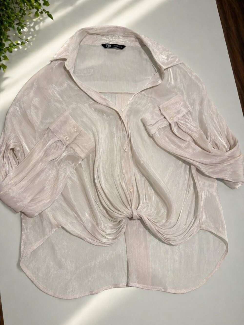 ZARA Sheer Satin Blouse Nude Pink Button Down Minimal Chic Size L